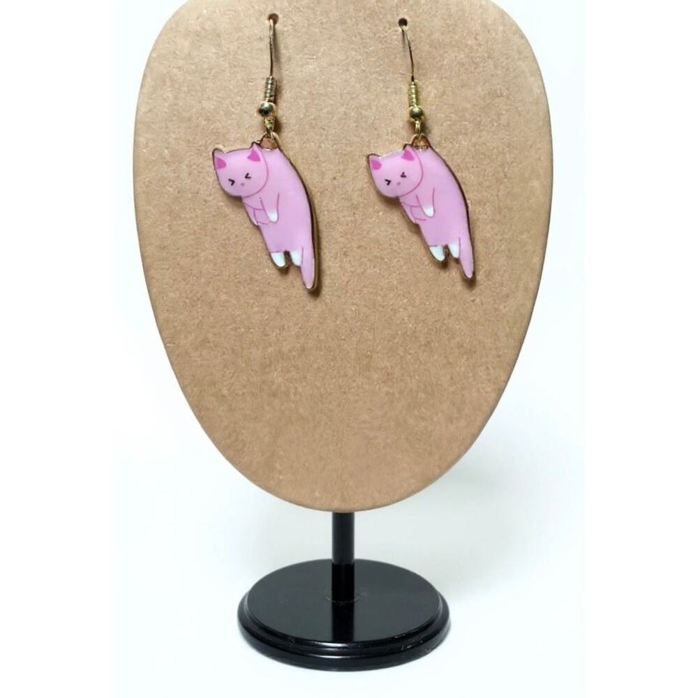 Pink Cat Dangle Earrings Gold Tone Enamel Cute Kawaii Handmade